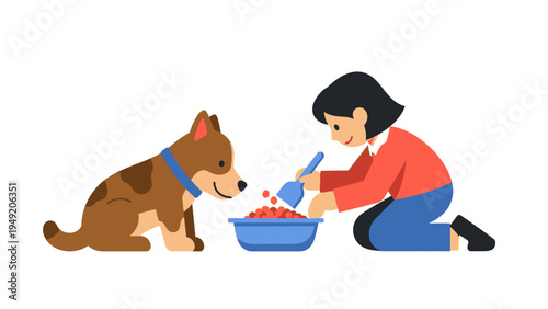 Woman Feeding Dog from Blue Bowl.