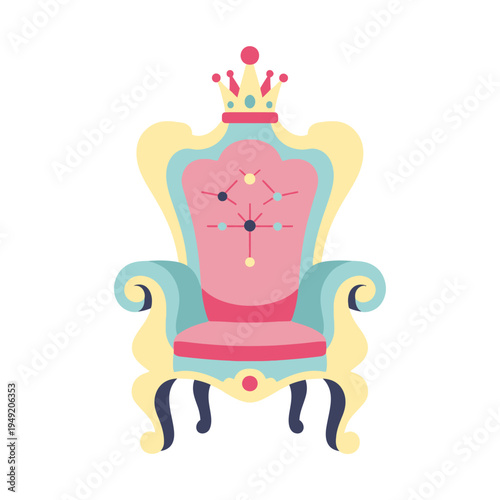 Ornate Royal Throne Chair with Crown, Pink, Blue, Yellow Colors