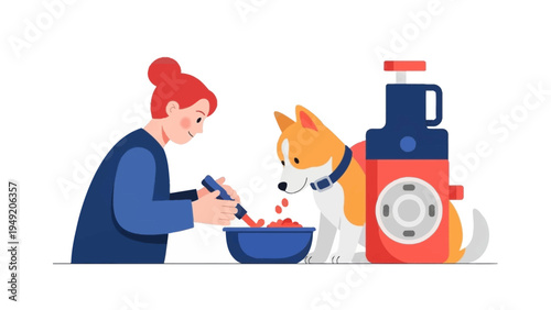 Woman Feeding Dog with Thermos Nearby.
