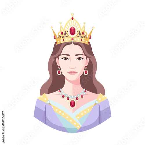 Royal Queen Portrait with Crown and Jewels, Elegant Female Monarch Illustration