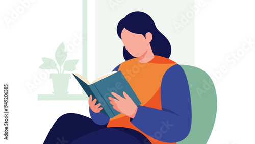 Woman Reading Book Sitting on Chair.