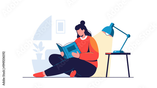 Woman Reading Book Sitting on Floor.