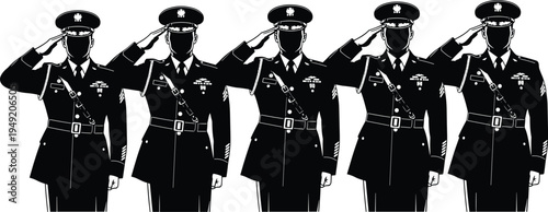 Silhouette vector illustration of five military personnel saluting in formal uniform representing discipline, respect, honor, patriotism, ceremony, and service