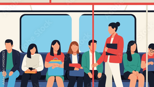 Woman Standing on Train with Passengers Seated.