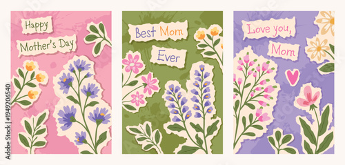 Mother's Day greeting card set in paper collage style, hand-drawn wildflowers, leaves and branches, perfect for cards, invitations, prints, stickers and packaging