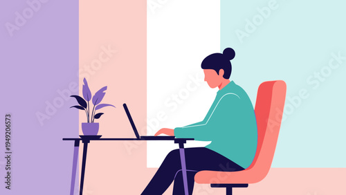 Woman Working on Laptop at Desk.
