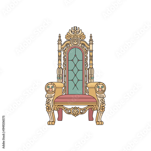 Ornate Royal Throne Chair with Lion Arms and Crown Finial - Isolated