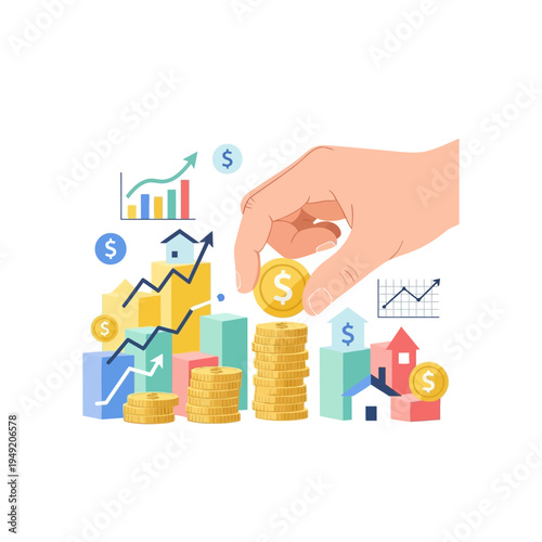 Financial Growth: Hand Stacking Coins with Business Charts and Houses