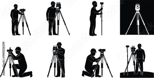 Land Surveyor Silhouette Set Featuring Engineers Using Total Station Theodolite On Tripod For Construction Site Mapping Civil Engineering And Architecture
