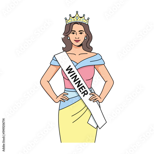 Beauty Queen Winner with Crown and Sash, Standing Proud