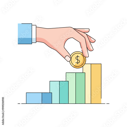 Hand placing coin on growing bar chart, financial growth concept illustration