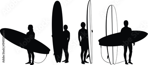 Silhouette vector illustration of five surfers standing with surfboards in different poses representing surf culture, beach lifestyle, and adventure