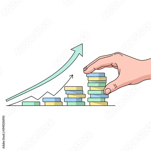 Hand stacking coins, financial growth graph with upward arrow, concept of investment and success