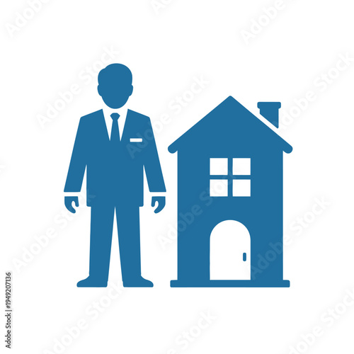 Businessman standing beside blue house, real estate concept, property agent, home ownership, professional services