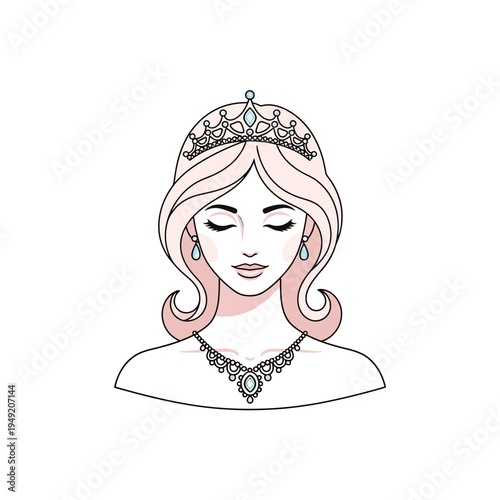 Elegant Princess Portrait: Tiara, Necklace, Earrings, Pink Hair, Closed Eyes