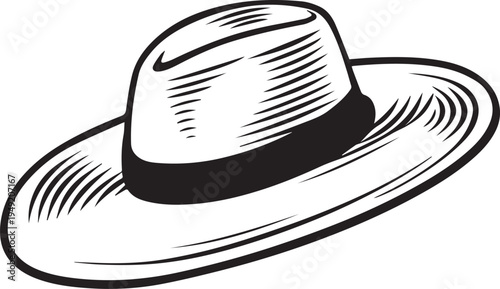 Hand Drawn Woman Hat Black and White Illustration in Minimal Line Art Style Design