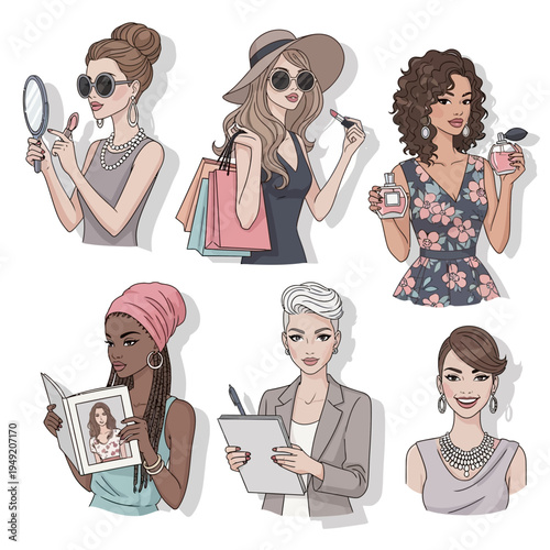 Diverse women fashion illustration, beauty, shopping, and lifestyle