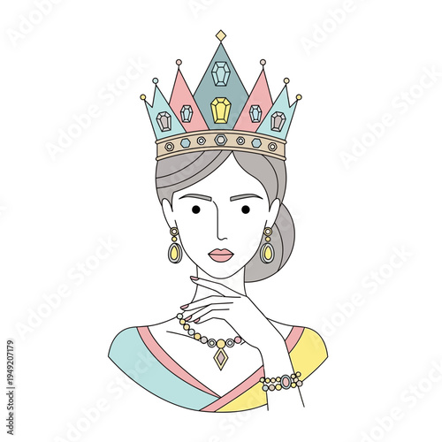 Elegant Queen Illustration with Crown and Jewels
