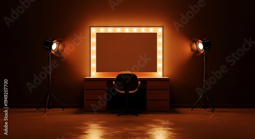 A dressing room featuring a lit vanity mirror with spotlights, a desk, and a chair in warm light