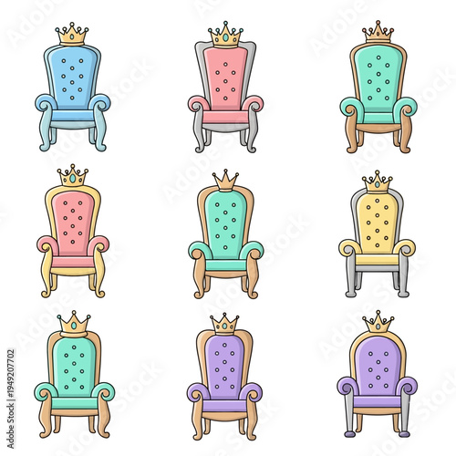 Collection of Royal Thrones with Crowns, Cartoon Style, Isolated on White Background