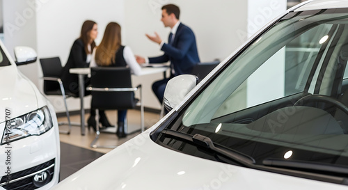 Focused consultation Business professionals discussing automobile sales in a sleek showroom environment
