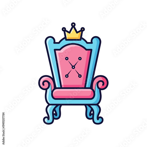 Cute cartoon throne chair with crown, pink and blue, isolated on white background