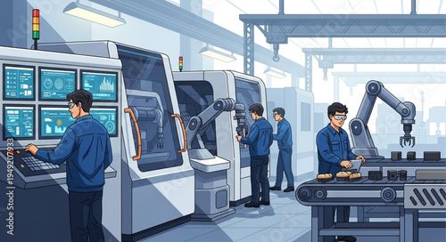 Modern Factory with Robotic Arms and Workers Operating Machinery.