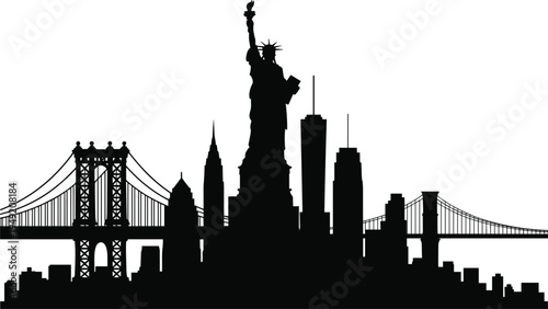 New York City skyline silhouette with Statue of Liberty, Manhattan Bridge and downtown skyscrapers isolated on white background, iconic American urban architecture panorama