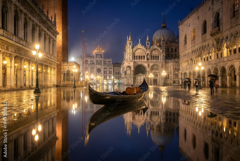 Fototapeta premium Venice Saint Marks Square Flooded at Night with Gondola Reflection and Illuminated Basilica, Acqua Alta Italy