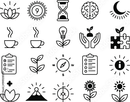 Mindfulness wellness icon set featuring meditation, lotus, brain, hourglass, compass, tea cup, checklist, puzzle, growth, and self improvement symbols