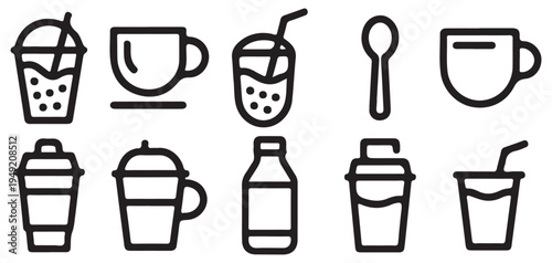 Iced coffee, bubble tea, and coffee beans minimalist line icons vector illustration eps 10