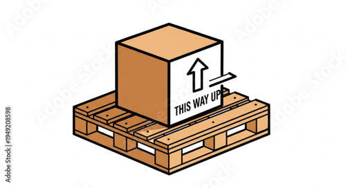 Cardboard box on wooden pallet with this way up arrow.