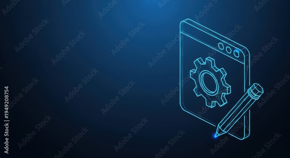 Fototapeta premium Abstract illustration of a computer screen with gears and coding elements
