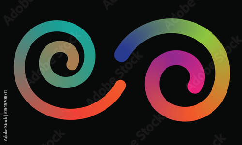 Vibrant swirling spirals in a gradient of vivid colors against a dark background