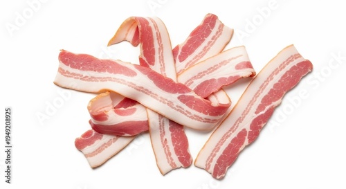 Raw pork bacon strips on white.