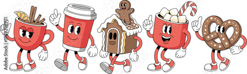 cute cartoon winter drink and snack mascots, coffee cup, hot cocoa, gingerbread house, pretzel characters, festive holiday vector illustration isolated