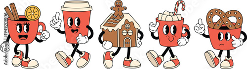 cute, winter, holiday, drink, snack, mascot, cartoon, coffee, hot, chocolate, gingerbread, house, pretzel, mug, marshmallow, candy, cane, vector, character, illustration