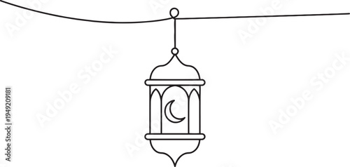 Islamic Ramadan lantern with crescent moon hanging on a wire line art vector illustration