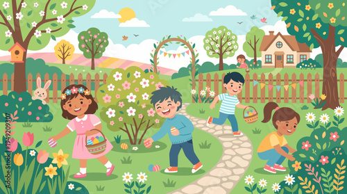 Children Enjoying Easter Egg Hunt in a Spring Garden.