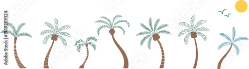 minimalist tropical palm tree set, summer beach landscape elements, island nature silhouettes, sun and birds, flat vector illustration