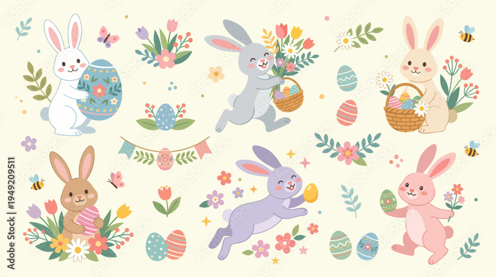 Naklejka premium Easter Bunny Collection - Adorable Rabbits with Eggs and Flowers.