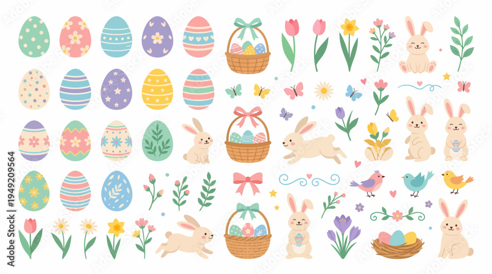 Fototapeta premium Easter Eggs, Bunnies, and Floral Elements Collection.