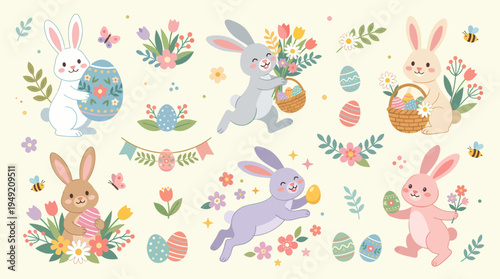 Easter Bunny Collection - Adorable Rabbits with Eggs and Flowers.