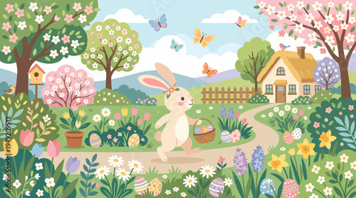 Easter bunny in a spring garden illustration with flowers and house.