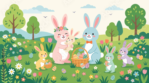 Easter Bunny Family Gathering in a Spring Meadow Illustration.