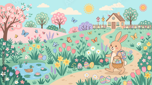 Easter Bunny with Basket in Spring Landscape Illustration.