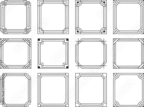 Set of twelve square decorative geometric frames and borders with art deco and vintage influences