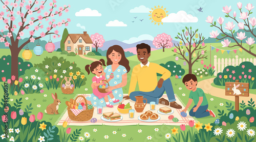 Family Easter Picnic in a Blooming Spring Garden Illustration.