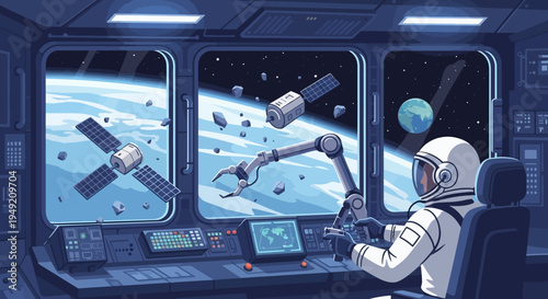 Astronaut in Space Control Room Monitoring Satellites.