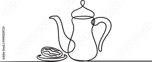 Single Line Drawing of a Traditional Coffee Pot and a Date on a Saucer teapot fruit